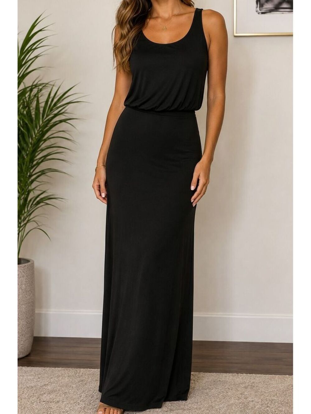 GO COUTURE Black Maxi Dress Womens Sleeveless Blouson Modal Stretch USA Small